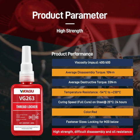 Red High Strength Temperature Threadlocker For Bolts And Metal Fasteners Up To M25 Anaerobic Screw Glue With Oil And Chemical Resistance Medium Viscosity Adhesive That Withstands 230C Heat Delivers Strong Lock Durable Tension 50ml bottle with product specifications in background