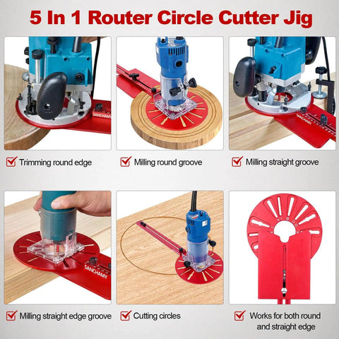 5 In 1 Router Circle Cutting Jig For Cutting And Routing Circles And Grooves shown in use with various woodworking tasks