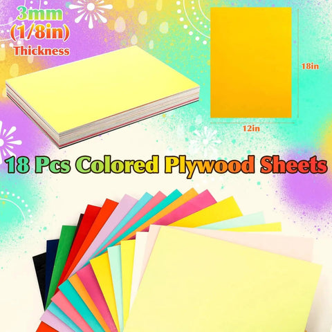 Vibrant Colored Plywood Sheets Bundle, 18 Sheets, 18 X 12 Inches, One Eighth Inch Thick, Great For Laser Cutting And Engraving, DIY Crafts