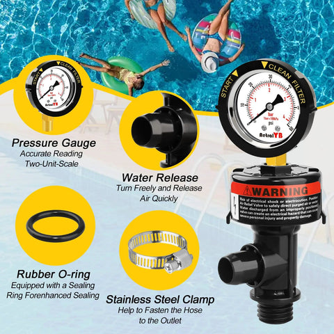 AetralYB pool filter air relief valve with pressure gauge, water release, rubber O-ring, and stainless steel clamp