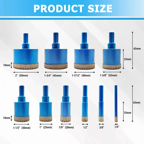 Chart showing sizes and dimensions of 10 Piece Diamond Hole Saw Kit For Ceramic Tile And Stone Projects, 1/4 to 2 inch saws.