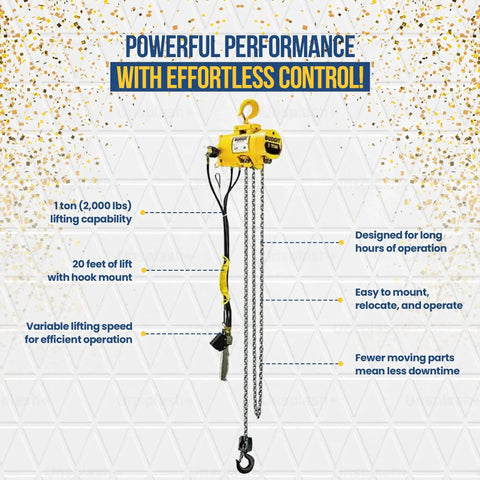 1 Ton Pneumatic Chain Hoist With 20 Ft Lift And Pendant Control shown against a descriptive background