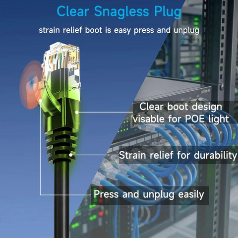 Close-up of Cat6 Ethernet Patch Cable with clear snagless plug and strain relief, showing connection in data center rack, 6 ft black cable.