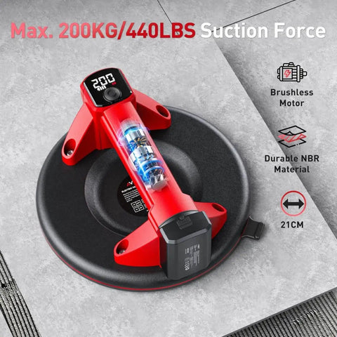 Cordless Vacuum Lifter For Glass And Tile With 21 Cm NBR Base 440 Lbs Max Load showing suction cups and red LCD display