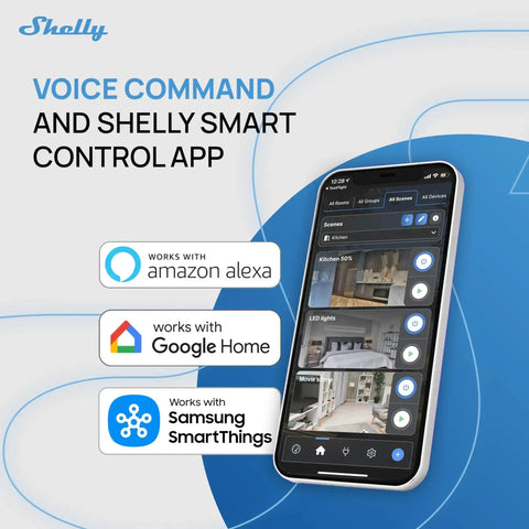 Smartphone displaying Shelly Smart Control app compatible with Amazon Alexa, Google Home, and Samsung SmartThings.
