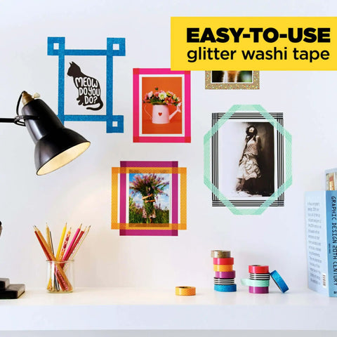 Gold Glitter Washi Tape Pack of 6 on desk, frames photos on wall, perfect for planners, scrapbooking, home organization, easy-tear.