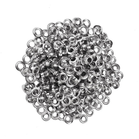 Grommets Kit 1000 Pcs 3/8 Inch Washers and Eyelets for Banners and Posters shown in a pile, metallic finish visible.