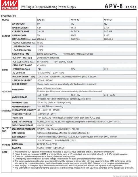 Specification sheet for APV 8W 24V CV Mode LED Power Supply For Hardwired Lighting, 90 To 264 VAC Input, 24V DC Output