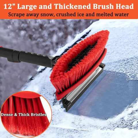 Close-up of Heavy Duty Car Snow Brush Ice Scraper With Squeegee And Extendable 40 Inch Handle CGACOL featuring 12" thick brush head for snow removal.
