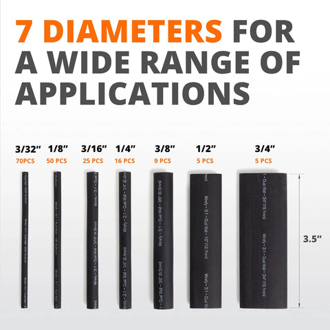 Wirefy heat shrink tubing kit, black, 180 pcs, 3:1 adhesive-lined, seven diameters from 3/32 in to 3/4 in