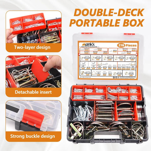 270 Piece Heavy Duty Hitch Pin Clip Assortment Kit For Tractors Trailers Trucks And Attachments Linch Pins Cotter Pins R Clips Hair Pins For Farm Mowers Lawn Care And Garden Use in portable box