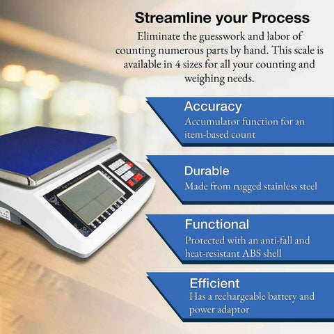 Digital Counting Scale For Parts And Coins With 1g Precision 30kg 66lb Capacity Multiple Unit Options In Kg G Lb Perfect For Inventory Counting QA Checks And Packaging In Warehouses on display with features listed.
