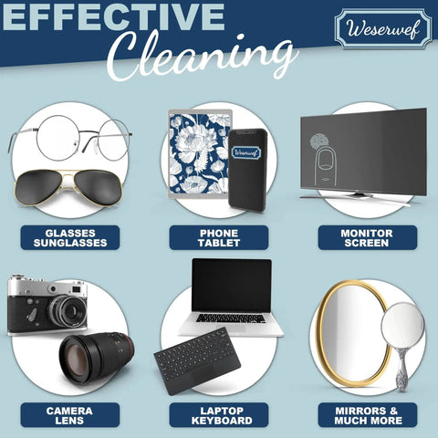 Ultra Soft Microfiber Cleaning Cloth For Glasses Screens Cameras Lenses 12x12, showcasing various cleaning applications.