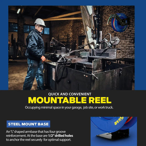 Retractable Welding Hose Reel With Twin Oxygen And Acetylene Rubber Hoses Heavy Duty Steel Arm Three Hundred PSI Rating in workshop