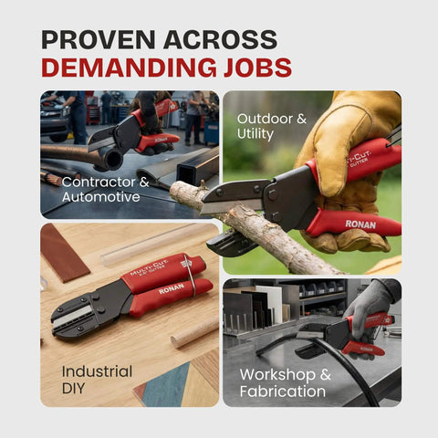 Heavy-duty industrial cutter for plastic, rubber, wood, leather and PEX, single unit with 3 replaceable razor blades, in use