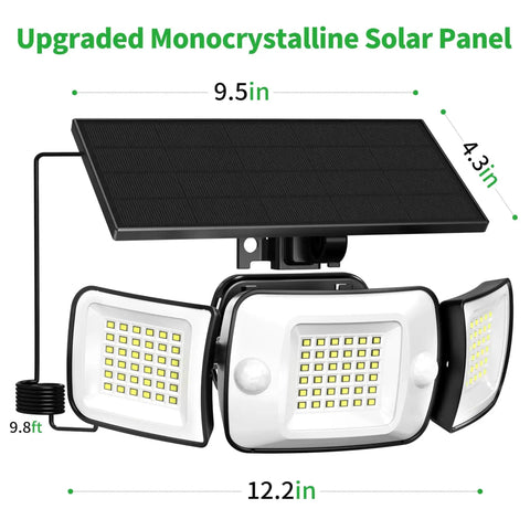 Beefy 1200 Lumen Solar Flood Light Outdoor Waterproof With Dual Motion Sensor showing adjustable heads and solar panel dimensions