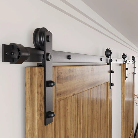 Black Rustic Non Bypass Sliding Barn Door Hardware Kit For Double Doors 7.5 Ft Flat Track With Straight Rollers installed view