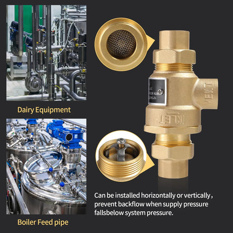 Brass 1/2 inch backflow preventer valve with atmospheric vent, dual check, for dairy equipment