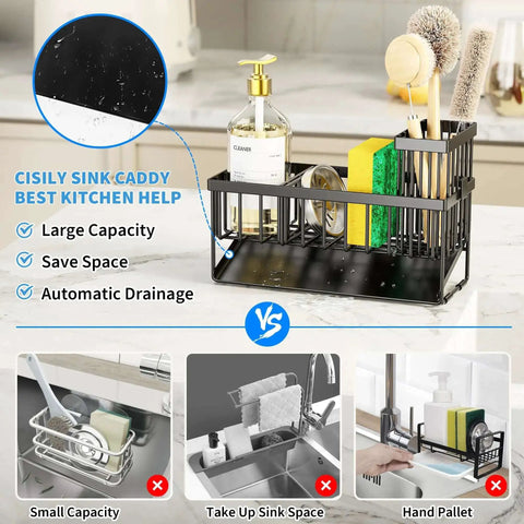 Sink Caddy With Brush Holder And Self Drain Tray Rustproof Stainless Steel Organizer For Sponges Soaps And Dish Brushes Easy Drainage System Keeps Counter Dry And Clutter Free, showcasing large capacity and automatic drainage feature on kitchen counter.