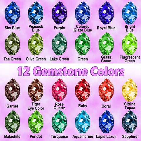 Assorted 12 gemstone colors including Sky Blue, Peacock Blue, Purple, Royal Blue, Tea Green, Garnet, and more.