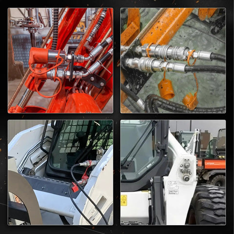 Beefed-Up High Flow 3/8 Inch Hydraulic Quick Coupler Set, 10,000 PSI installed on construction and industrial machinery, orange dust caps visible