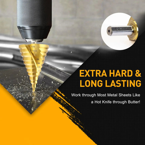 Close-up of a 12 Step Spiral Groove Drill Bit Set in High Speed Steel from One Quarter Inch to Two and Three Eighths Inch with Quick Change One Half Inch Shank for Iron Aluminum Copper Plastic Wood Cuts Holes Fast and with Less Friction