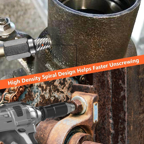 Close-up of 13 Piece Screw Extractor Set Multi Spline Easy Out Bolt Extractor Kit in use on rusted metal.