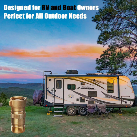 Brass RV water pressure regulator with filter, 3/4 in GHT, 40–50 PSI pre-set, shown beside a travel trailer.