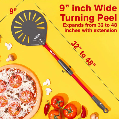 Pro Grade 9 Inch Perforated Pizza Peel With Extendable 27 To 41 Inch Handle For Indoor And Outdoor Ovens, Lightweight Aluminum Turning Peel, Nonstick Metal Pizza Turner Red TKC, showing dimensions.