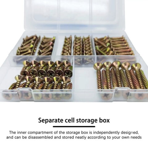 Wood Screws Kit 175 Pieces Self Tapping Screws Set Yellow Zinc Plated Flat Head Phillips in storage box