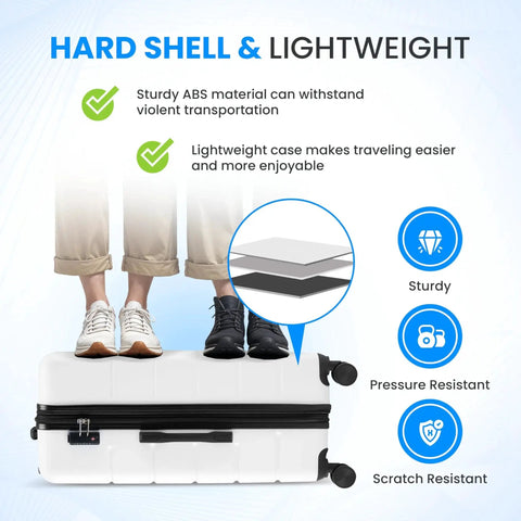 Graphic showing durability and lightweight features of 20 Inch Hardside Carry On Luggage With Double Spinner Wheels And TSA Lock in white by Simple Deluxe