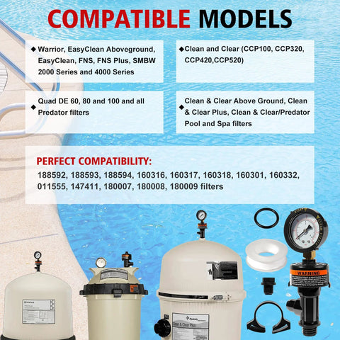 Manual air relief valve assembly with pool filter pressure gauge, compatible with Pentair SMBW 2000/4000 series filters