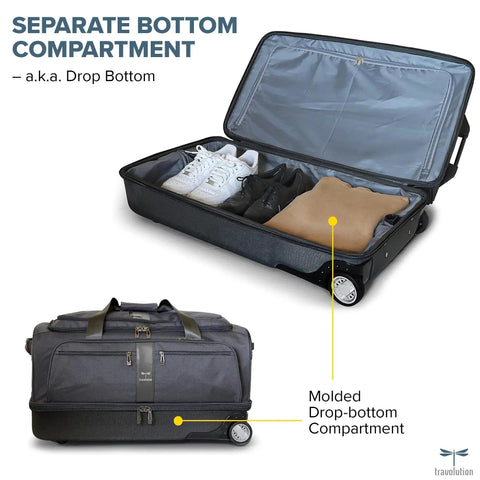 Dance Team Travel Bag With Garment Rack And Rolling Duffel featuring drop bottom compartment in black and gray open showcasing shoes and clothing