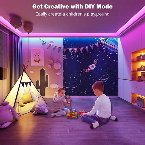 Children's playroom with RGB LED Strip Lights 100 Ft Bluetooth Remote App Music Sync For Bedroom Decor accenting ceiling