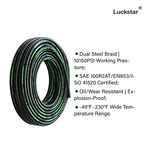 Luckstar hydraulic hose, 10 ft, 1/4 in, dual steel braided, black with green stripe.
