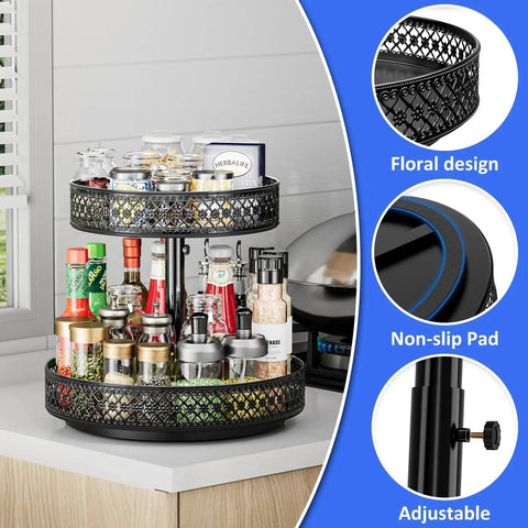 Two Tier Lazy Susan Organizer Turntable Spice Rack 12 Inch Adjustable Metal Rotating Handy Space Saving Storage for kitchen countertop
