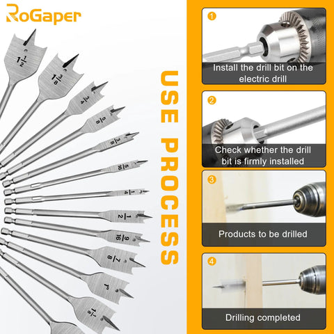 13 Piece Spade Drill Bit Set With Quick Change Shank For Woodworking Alloy Steel Paddle Bits Use Process Diagram