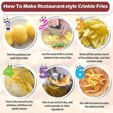 How-to guide for using 2 In 1 Crinkle Cutter With Peeler For Crinkle Fries And Veggie Prep, showing steps from peeling to frying potatoes.