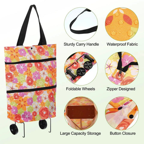 Floral folding shopping bag with wheels, showing sturdy carry handle, waterproof fabric, and foldable design for travel and shopping.