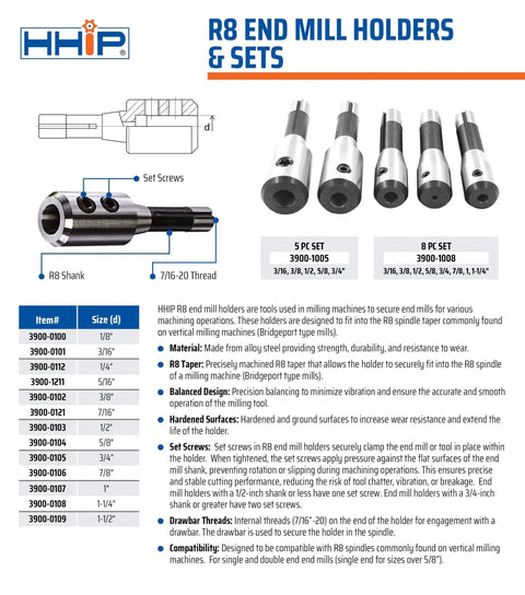 1 Inch R8 End Mill Holder For Bridgeport Style Milling Machines Hardened And Ground For Single End Mills Only Pro Grade Tool Mount Built To Last HHIP 3900 0107 Compatible Precision Machining Accessory illustration with specifications and features.