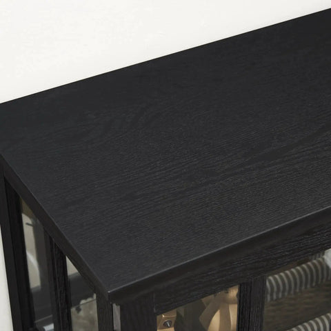 Close-up of black top surface of 30 Inch Glass Curio Display Cabinet With LED Lighting Modern Two Lattice Doors.