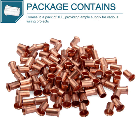 Your Go To Copper Crimp Sleeve Wire Connector For Solid And Stranded 10 To 18 AWG Wire, pack of 100, copper sleeves shown