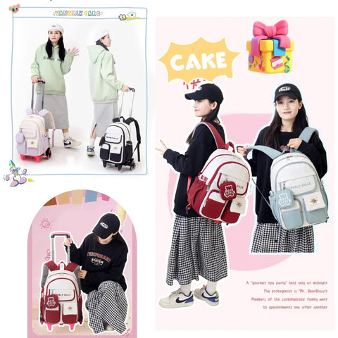 Color Blocking Rolling Backpack For Girls With Wheels, Kawaii Trolley Bag for Primary Students, large capacity school backpack display