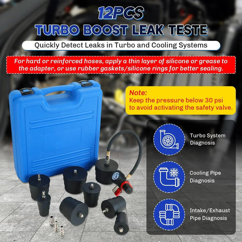 Beefed-Up Turbo System Leakage Tester Kit For Auto Turbo Boost Leaks, 12-Piece Set With 4 Pairs Of Stepped Adapters Displayed