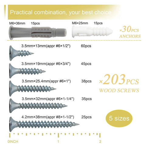 High Hardness Wood Screws Assortment Kit With 203 Pieces And 30 M6 Drywall Anchors And Plastic Wall Anchors shown in sizes.