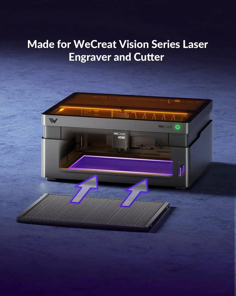Honeycomb Laser Bed Accessory For WeCreat Vision Pro Laser Engraver And Cutter Machine Aluminum Panel 21.34 X 14.72 X 0.67 Inches For Heat Dissipation And Cleaner Cutting Of Tiny Projects Easy To Install No Tools Needed shown next to engraver.