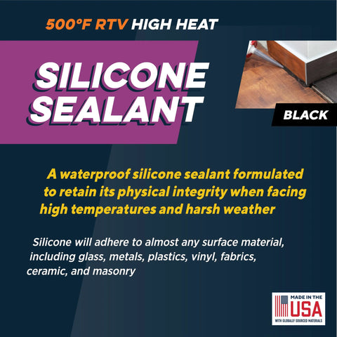Silicone sealant packaging labeled 500°F RTV high-heat, black, USA-made