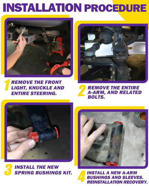 Club Car Precedent front suspension kit installation procedure infographic with polyurethane bushings.