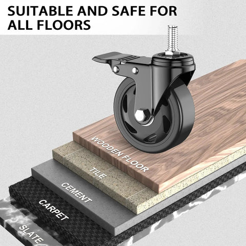 4 Inch Stem Casters Set Of 4 Heavy Duty Swivel Castors with Threaded Stem shown on various floor types