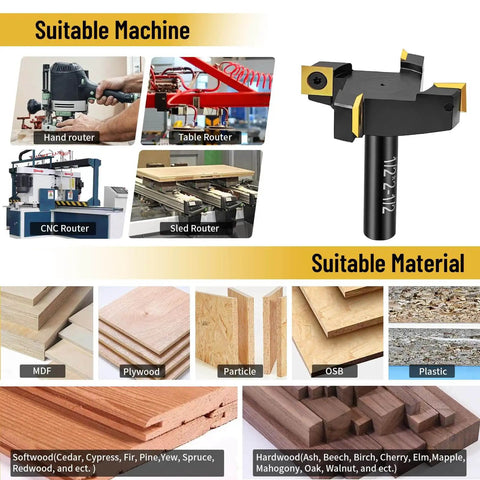 Heavy Duty Slab Flattening Router Bit With One Half Inch Shank And Two And One Half Inch Cutting Diameter, Four Wing Coated Carbide Inserts For CNC Spoilboard Surfacing, Planing Wood And MDF, Slab Leveler And Rabbeting, ATS Coating For Heat Resistance.